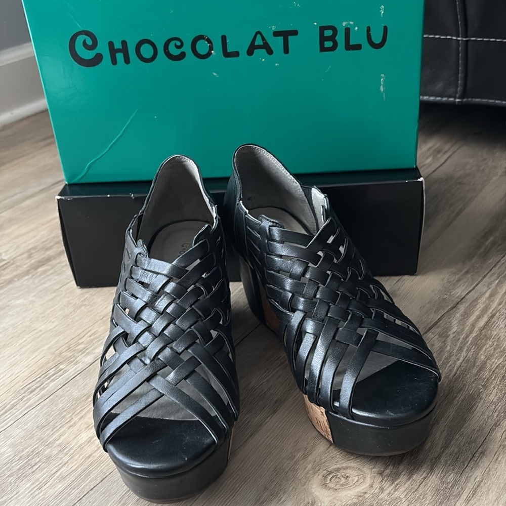 Chocolat Blu Black Wedge Shoes with Leather Upper - Picture 2 of 5